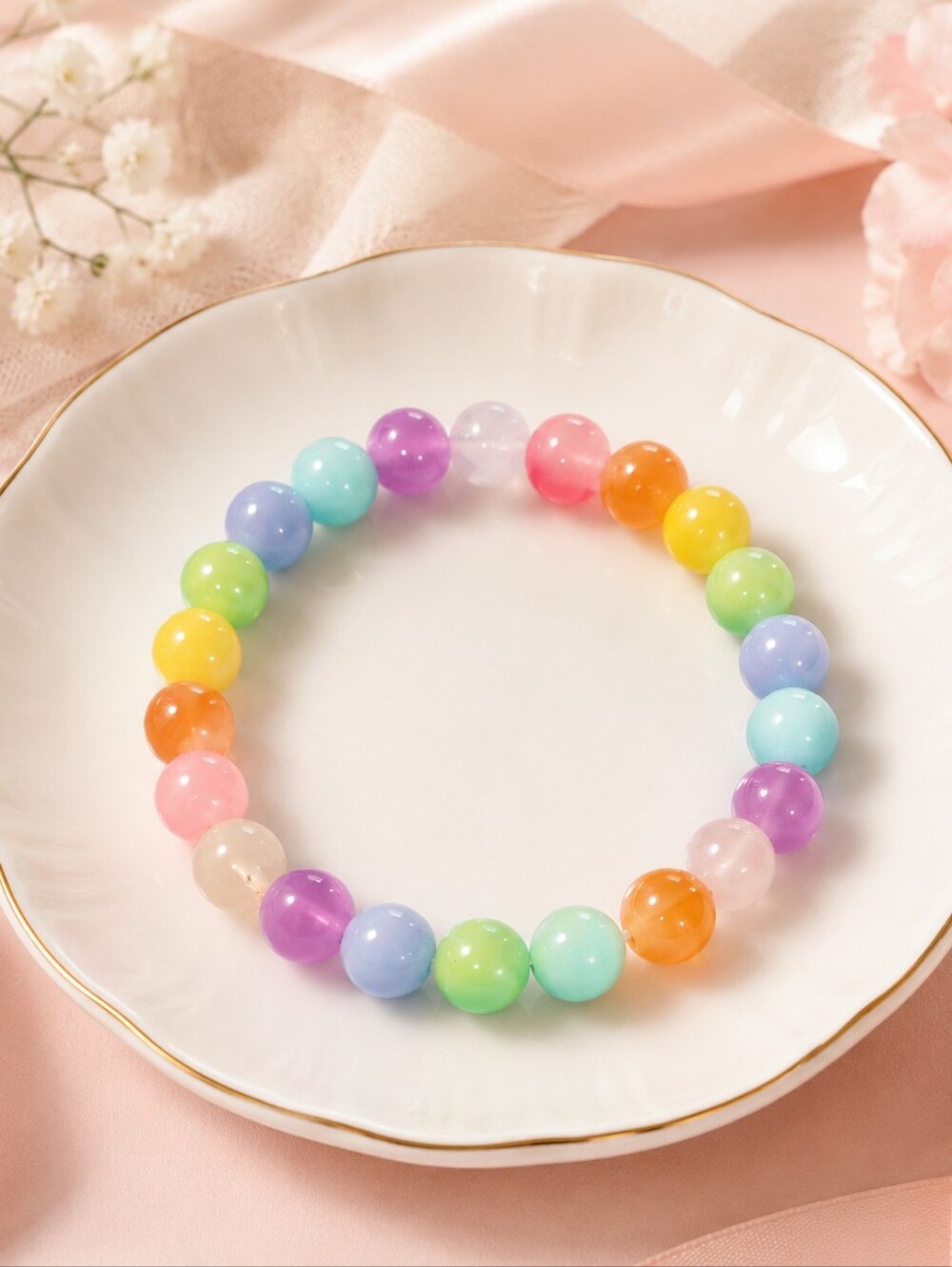 Handmade Pastel Rainbow Beaded Stretch Bracelet 6 Inch Kawaii Jewelry